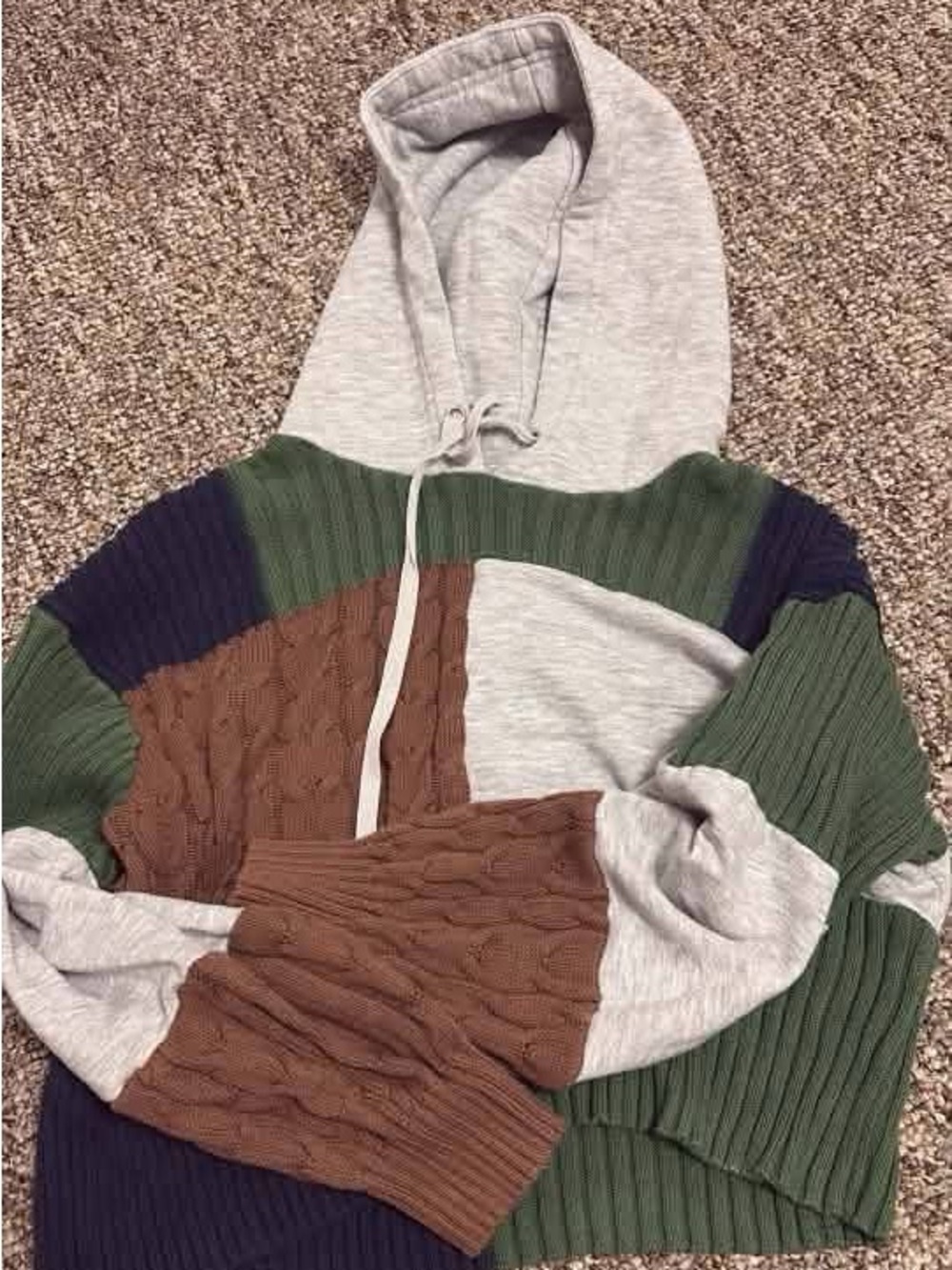 Women’s Colorblock Cable-Knit Hoodie Sweater in Gray, Brown & Green